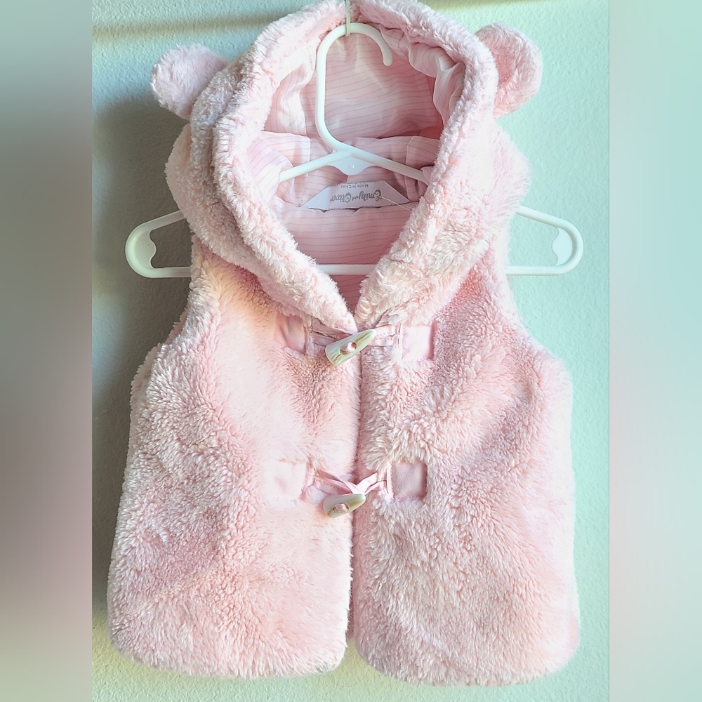 Emily and Oliver -Girl's Pink Plushy Sleeveless Vest With Cute Bear Hood, Sz 18M